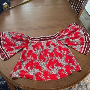Bohemian Dramatic Bell Sleeve Off The Shoulder Red Paisley Blouse 4 Small